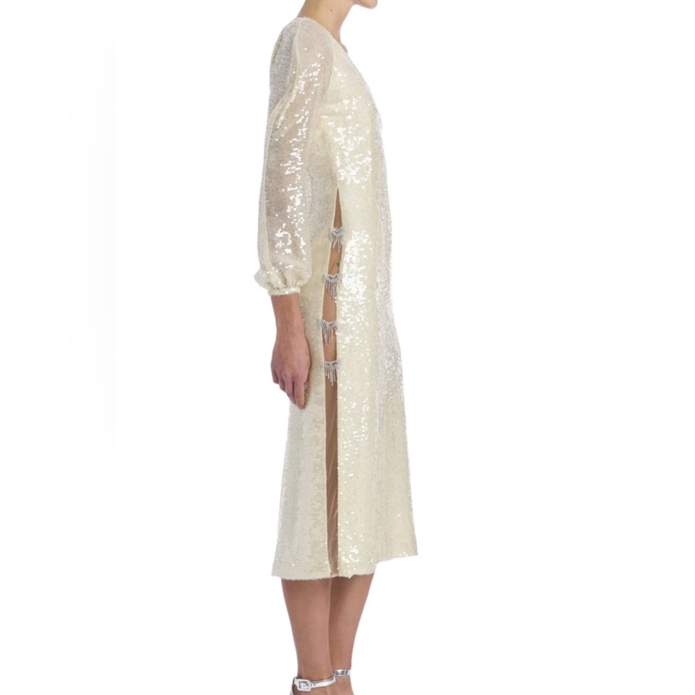 Markarian Champagne Sequin V Neck Blouson Midi Dress sheer side/crystal/S 12 NWT